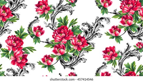 Baroque pattern with bouquet of peony flowers and baroque swirls on white