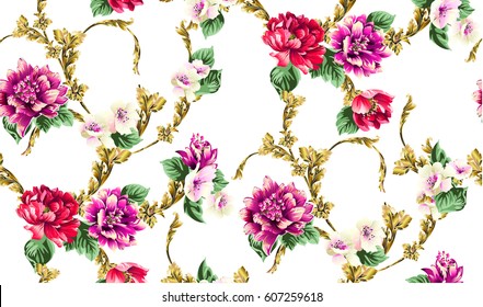 Baroque pattern with branch from gold scrolls,and floral motives, bouquet of flowers, peony, tulips, leaves.