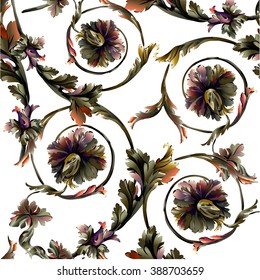 Baroque pattern with colorful branch and scrolls on white background
