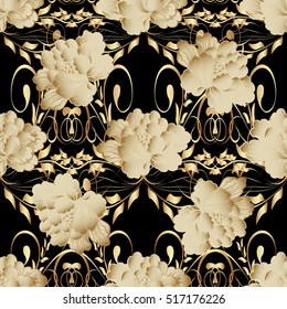 Baroque pattern. Floral ornamental seamless background. Flowers wallpaper. Gold flourish 3d ornament. Black elegant backdrop. 