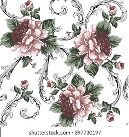 Baroque pattern with peony flowers with swirls on white
