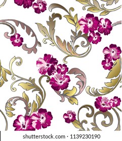 Baroque pattern with  plant swirls with spring small flowers on white background
