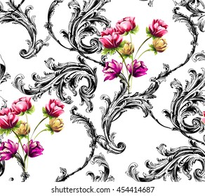 Baroque pattern with scrolls and bouquet of tulip flowers