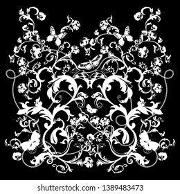 Baroque pattern with silhouette of chains and flowers. Vector floral patch for print.