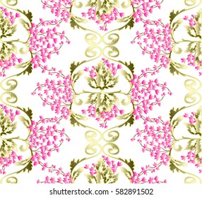Baroque pattern with small flowers and simple gold damask on white background