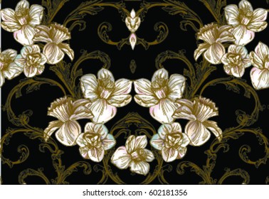 Baroque pattern with summer flowers with gold graphic, daffodilly, narcissus,lily, with baroque swirls,scrolls on black background