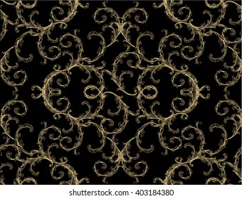 Baroque pattern with vintage swirls and damask black and gold