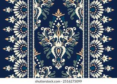 Baroque pattern,Ikat floral pattern on navy blue background,vector illustration,Ikat ethnic oriental pattern,Aztec style,abstract background.design for texture,fabric,clothing,decoration,carpet,print.