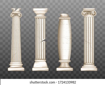 Baroque pillars, roman renaissance columns with cracks. Ancient classic ivory marble, stone greece classic architecture, antique interior colonnade facade design, Realistic 3d vector obelisks set