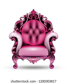 Baroque pink armchair Vector 3d illustration. French Luxury rich intricate structure. Victorian Royal Style decor with luxurious ornaments