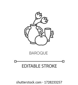Baroque pixel perfect linear icon. Vase with flowers and fruit. Classical visual art. Thin line customizable illustration. Contour symbol. Vector isolated outline drawing. Editable stroke
