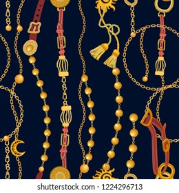 Baroque print with chains, beads, straps and brushes. Seamless vector pattern with jewelry elements. Women's fashon collection. On black background.