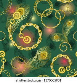 Baroque print with chains, bracelets and peacock feathers. Seamless vector pattern with jewelry elements. Women's fashion collection. On a green background.