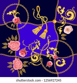Baroque print with chains, golden scrolls and roses. Seamless vector pattern with jewelry elements. Women's fashon collection. Black, blue.