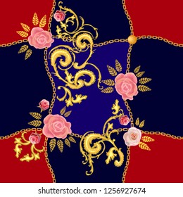 Baroque print with chains, golden scrolls and roses. Seamless vector pattern with jewelry elements. Women's fashon collection. Black, red, violet.