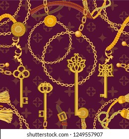 	
Baroque print with chains, leather straps and keys. Seamless vector pattern with trendy accessories. Women's fashon collection. On brown background.