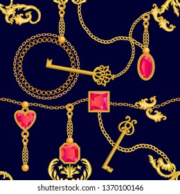 Baroque print with chains, rubins and keys. Seamless vector pattern with trendy accessories. Women's fashon collection. On black background.