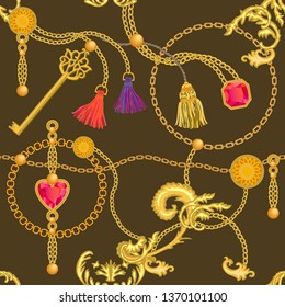 Baroque print with chains, rubins and keys. Seamless vector pattern with trendy accessories. Women's fashon collection. On brown background.