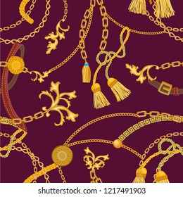 Baroque print with chains, straps and brushes. Seamless vector pattern with jewelry elements. Women's fashon collection. On brown background.