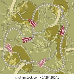 Baroque print with golden chains, braid, pearls,  belts, baroque elments. Seamless Baroque vector pattern. Vector patch for print, fabric, scarf design. Realistic golden chain.