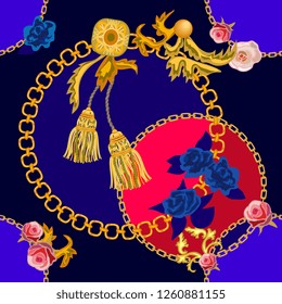 Baroque print with golden chains, brushes and roses. Seamless vector pattern with jewelry elements. Women's fashon collection.  Black, blue, red.