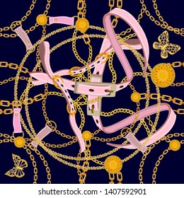 Baroque print with golden chains, pink leather straps and butterflies. Seamless vector pattern with jewelry elements. Women's fashon collection. On black background.