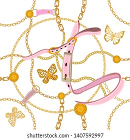 Baroque print with golden chains, pink leather straps and butterflies. Seamless vector pattern with jewelry elements. Women's fashon collection. On white background.