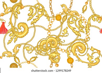 Baroque print with golden scrolls, chains, and brushes. Seamless vector pattern with jewelry elements. Women's fashon collection. On white background.