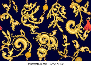Baroque print with golden scrolls, chains, and brushes. Seamless vector pattern with jewelry elements. Women's fashon collection. On black background.