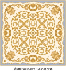 Baroque print on a blue and beige background. Fashionable pattern gold chains, scrolls, pearls. Scarf, bandana, neckerchief, kerchief, silk textile patch, carpet. 3 pattern brushes in the palette