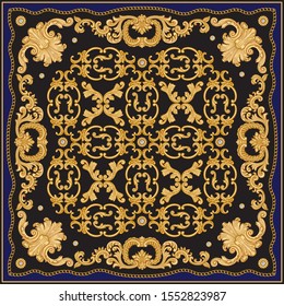 Baroque print on a dark blue and black background. Fashionable pattern gold chains, scrolls, pearls. Scarf, bandana, neckerchief, kerchief, silk textile patch, carpet. 3 pattern brushes in the palette