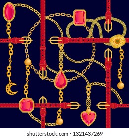 Baroque print with red belts, gems, golden scrolls and chains. Seamless vector pattern with jewelry elements. Women's fashon collection. On black background.