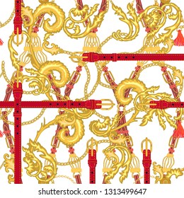 	
Baroque print with scrolls, chains and belts. Seamless vector pattern with jewelry elements. Women's fashon collection. On white background.