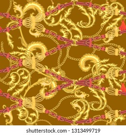	
Baroque print with scrolls, chains and belts. Seamless vector pattern with jewelry elements. Women's fashon collection. On golden background.