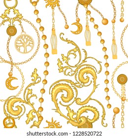 Baroque print with scrolls, chains, straps and brushes. Seamless vector pattern with jewelry elements. Women's fashon collection. On white background.