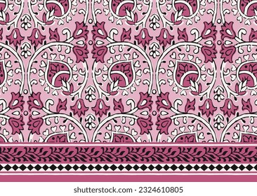 BAROQUE, RENAISSANCE, PAISLEY FLORAL REPEAT PATTERN WITH BORDER SEAMLESS PATTERN IN VECTOR