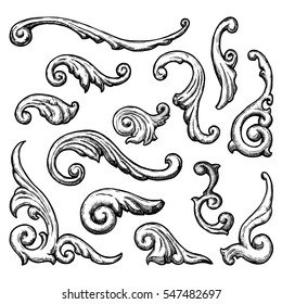 Baroque and renaissance set of vintage ornament elements for design. Filigree calligraphy vector illustration in ink hand drawn style.