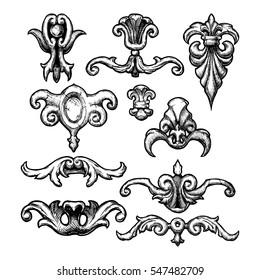 Baroque and renaissance set of vintage ornament elements for design. Filigree calligraphy vector illustration in ink hand drawn style.