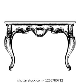 Baroque rich coffee table Vector. Classic royal ornaments decor. Vintage design furniture. Engraved line art styles