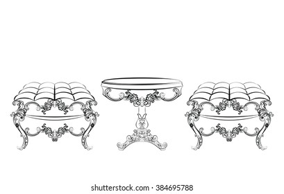 Baroque Rich style furniture. Elegant table and chair set with rich acanthus ornaments. Vector sketch