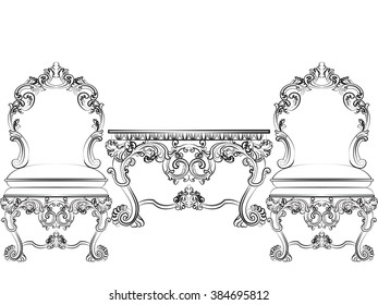 Baroque Rich style furniture. Elegant chair and imperial table set with luxurious ornaments. Vector sketch