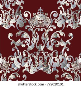 Baroque royal seamless pattern. Dark red vector damask background with antique textured baroque flowers, king crown, scroll leaves, patterned ornaments. Floral surface design for wallpapers, fabric.