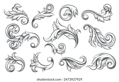 Baroque scroll elements. Monochrome leaves with spirals and rolling circle set isolated vector illustration