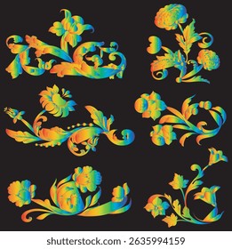 Baroque scroll elements. Monochrome leaves with spirals and rolling circle set isolated vector illustration eps10
