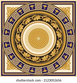 Baroque scrolls, golden Greek key pattern, meander border, floral frame, grape-vine garland on a beige and blue background