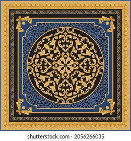 Baroque scrolls rosette, gold Greek key pattern, meander border frieze, carved frame on a black and blue leopard skin spots background. Scarf, bandana print, neckerchief, pocket handkerchief, carpet 