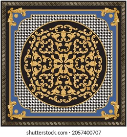 Baroque scrolls rosette, gold Greek key pattern, meander border frieze on a black and white hounds tooth and blue background. Scarf, bandana print, neckerchief, pocket handkerchief, carpet 