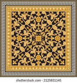 Baroque scrolls rosette, golden Greek key pattern, meander border frieze, carved frame on a black background. Scarf, bandana print, neckerchief, pocket handkerchief, carpet 