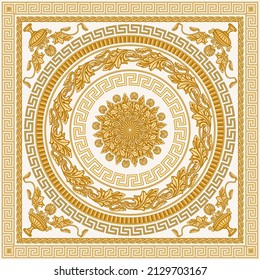 Baroque scrolls rosette, golden Greek key pattern frieze, meander circle  border, floral carved frame, grapevine garland on a beige background. Scarf, bandana print, neckerchief, square pocket range
