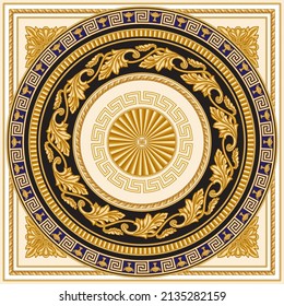 Baroque scrolls rosette, golden Greek key pattern frieze, meander border, floral round frame, grape-vine garland on a beige and indigo blue background. Scarf, bandana, square pocket range, carpet 